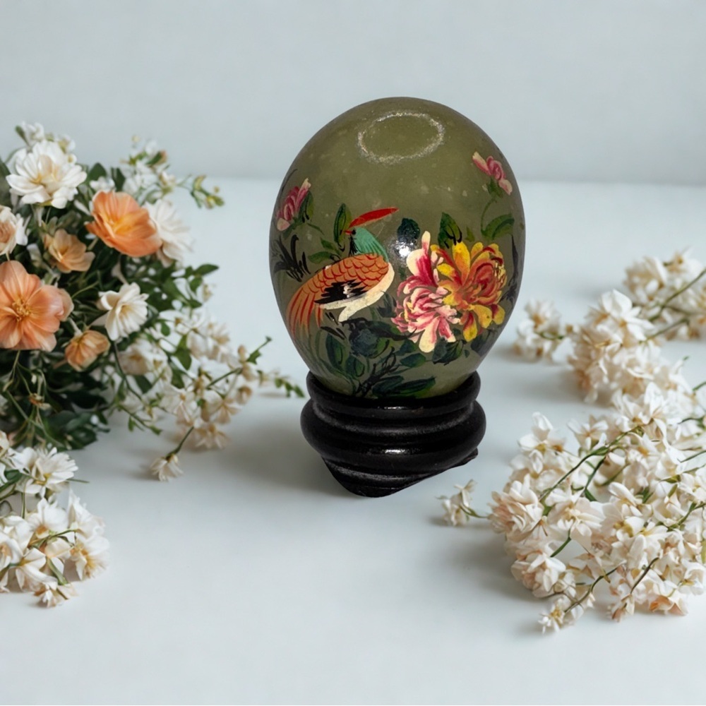 Vintage Hand-Carved & Hand-Painted Jade Egg w/ Stand | Signed | 1970s China